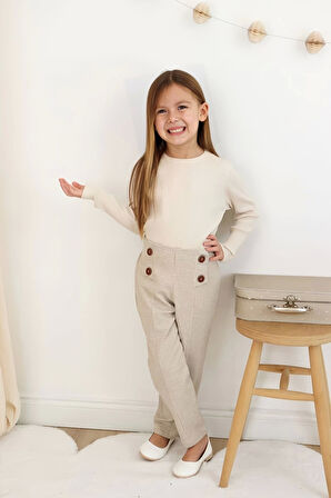 Ekose Pantolonlu Krem Renk Kız Çocuk Takım