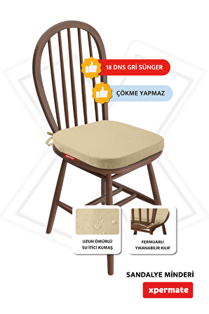 XPERMATE 4'lü StandartFit Oval Sandalye Minderi Fermuarlı Yıkanabilir Kılıf Bağcıklı Su ve Yağ İtici 42x42x5 Bej