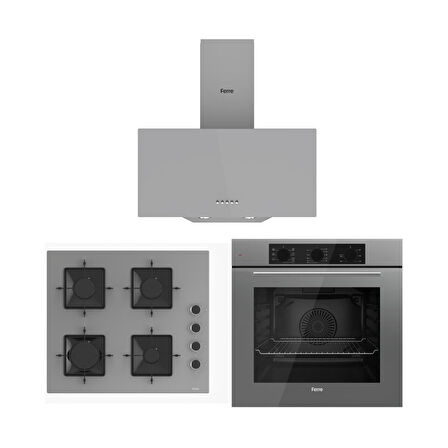 Ferre Gri Cam Ankastre Set (D088 Gri Davlumbaz -SS208 Gri Ocak- QBL62CPR Gri Fırın)