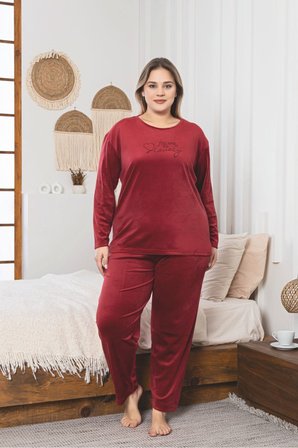 Büyük Beden Kırmızı Likralı Soft Kadife Pijama Takımı