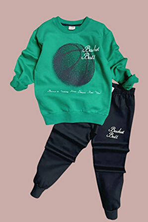 Basketball Yazı Desenli Yeşil Renk Erkek Çocuk Eşofman Takımı