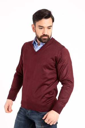 Erkek Bordo İnce Yün Triko V Yaka Triko Kazak