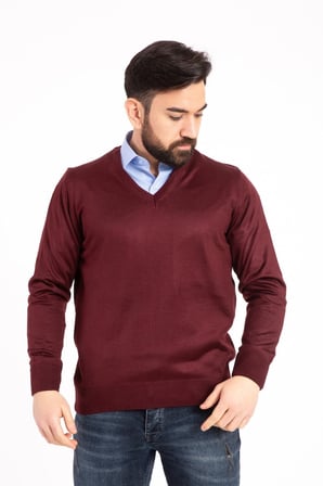 Erkek Bordo İnce Yün Triko V Yaka Triko Kazak