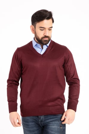 Erkek Bordo İnce Yün Triko V Yaka Triko Kazak