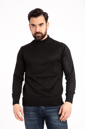 Erkek Siyah Ince Yünlü Yarım Boğazlı Triko Kazak