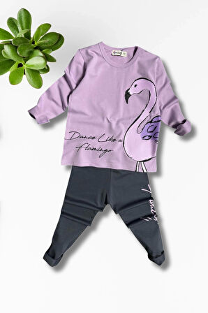 Flamingo Desenli Lila Renk Kız Çocuk Mevsimlik Taytlı Takım