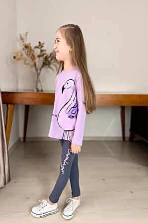 Flamingo Desenli Lila Renk Kız Çocuk Mevsimlik Taytlı Takım
