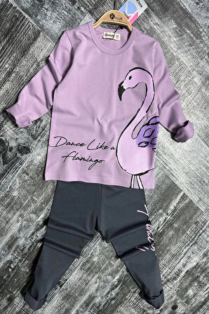 Flamingo Desenli Lila Renk Kız Çocuk Mevsimlik Taytlı Takım