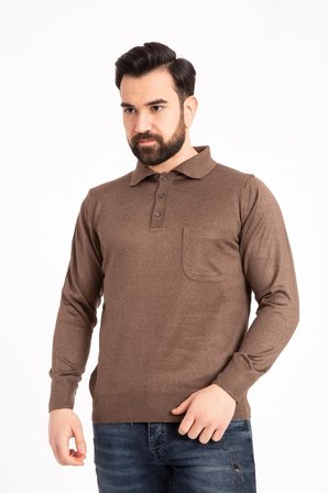 Erkek Kahverengi Ince Yün Triko Örgü Polo Yaka Baba Kazak