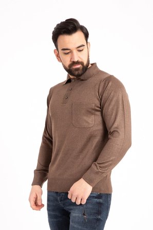 Erkek Kahverengi Ince Yün Triko Örgü Polo Yaka Baba Kazak