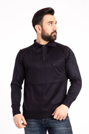 Erkek Lacivert Ince Yün Triko Örgü Polo Yaka Kazak