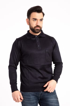 Erkek Lacivert Ince Yün Triko Örgü Polo Yaka Kazak