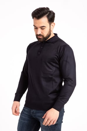 Erkek Lacivert Ince Yün Triko Örgü Polo Yaka Kazak