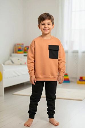 Cep Detaylı Erkek Çocuk Soft Turuncu Renk Eşofman Takım