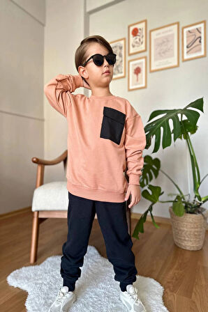 Cep Detaylı Erkek Çocuk Soft Turuncu Renk Eşofman Takım