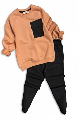Cep Detaylı Erkek Çocuk Soft Turuncu Renk Eşofman Takım