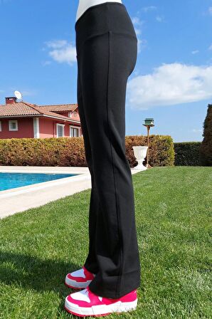 Kadın Siyah Yüksek Bel Toparlayıcı Çelik Örme Ispanyol Paça Tayt