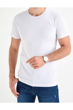 Erkek Beyaz Bisiklet Yaka Likralı Basic T-shirt