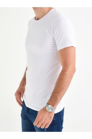 Erkek Beyaz Bisiklet Yaka Likralı Basic T-shirt