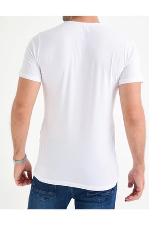 Erkek Beyaz Bisiklet Yaka Likralı Basic T-shirt