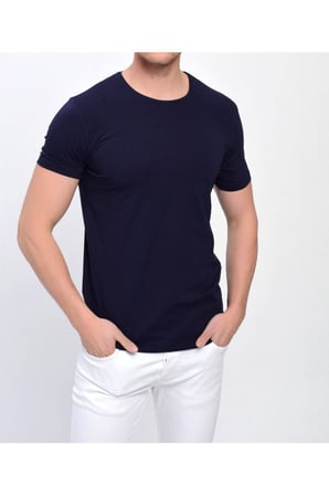 Erkek Lacivert Bisiklet Yaka Likralı Basic T-shirt