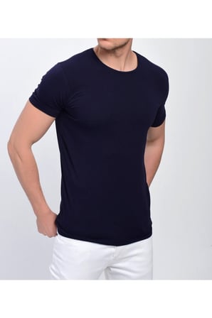 Erkek Lacivert Bisiklet Yaka Likralı Basic T-shirt