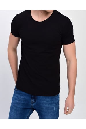Erkek Siyah Bisiklet Yaka Likralı Basic T-shirt
