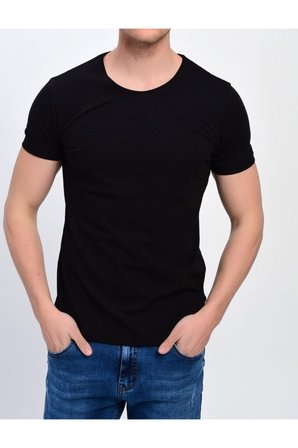 Erkek Siyah Bisiklet Yaka Likralı Basic T-shirt