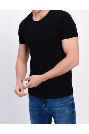 Erkek Siyah Bisiklet Yaka Likralı Basic T-shirt