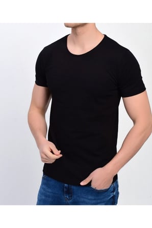Erkek Siyah Bisiklet Yaka Likralı Basic T-shirt