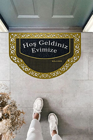Yarım Ay Modeli Hoş Geldiniz Yazlı Gülen emoj Desenli  Kapı Önü Paspası Altın Rengi