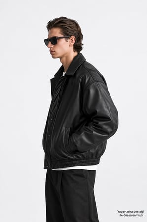 Erkek Oversize Siyah Deri Ceket-00225067