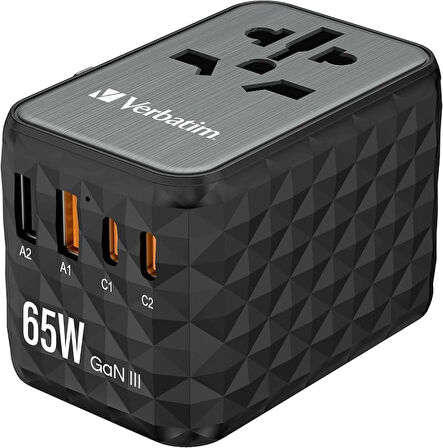 Verbatim UTA-05 GaN III 2X USB-C, W128807222 ile Evrensel Seyahat Adaptörü (2X USB-C PD 65W ve QC 4+ / 2X USB-A ile Seyahat Adaptörü