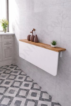 60x90 Katlanır Duvara Monte Masa ve 2 Adet 15x90 Raf Seti Beyaz & Çam Desen Oval Köşeli