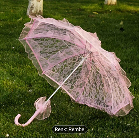 Şemsiye (Gelin-Düğün-Özel günler icin) Pembe Düz Renk Dantelli 60-58 boyutlarinda