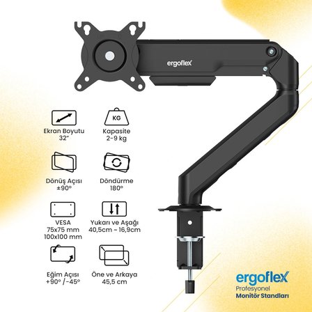 Ergoflex EF X8 Siyah 17-32inch Amortisörlü 9 kg Monitör Standı 2026 Versiyon
