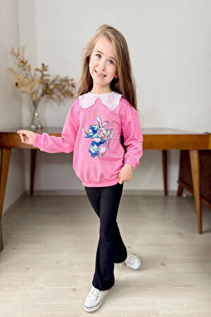 Yaka Detaylı Stitch Desenli Pembe Renk Kız Çocuk Takım