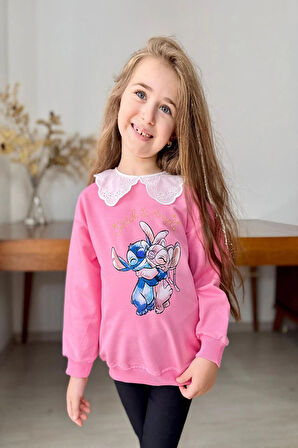Yaka Detaylı Stitch Desenli Pembe Renk Kız Çocuk Takım