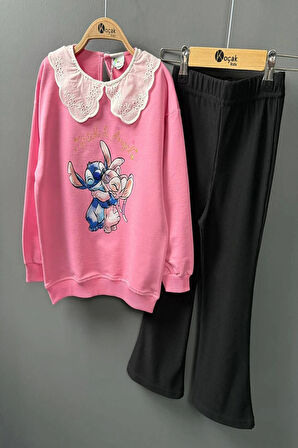 Yaka Detaylı Stitch Desenli Pembe Renk Kız Çocuk Takım