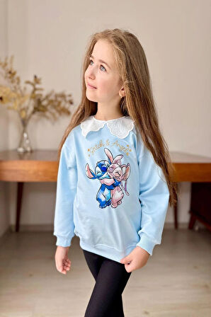 Yaka Detaylı Stitch Desenli Mavi Renk Kız Çocuk Takım