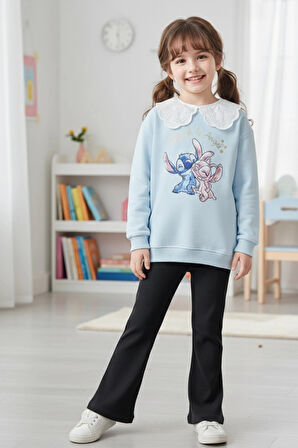 Yaka Detaylı Stitch Desenli Mavi Renk Kız Çocuk Takım