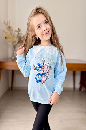 Yaka Detaylı Stitch Desenli Mavi Renk Kız Çocuk Takım