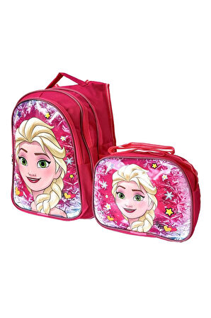 Kız Çocuk Full Pembe Tek Elsa Figürlü ilkokul Anaokulu Beslenme Ve Okul Çantası Seti