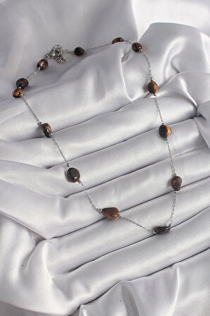 316L Çelik Gümüş Renk Zincir Kahverengi Doğaltaş Model Kadın Kolye