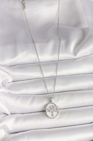 316L Çelik Gümüş Renk Zincir Zirkon Taş İşlemeli Beyaz Mineli Ağaç İşlemeli Portre Model Kadın Kolye