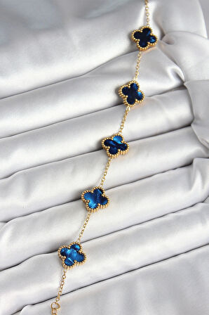 316L Çelik Sedefli Lacivert Gold Renk Yonca Kadın Bileklik