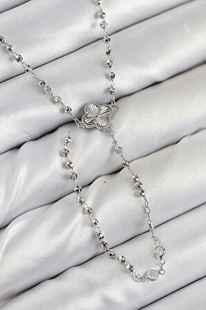 Pirinç Zirkon Taşlı Yonca Model Gümüş Renk Kadın Y Kolye