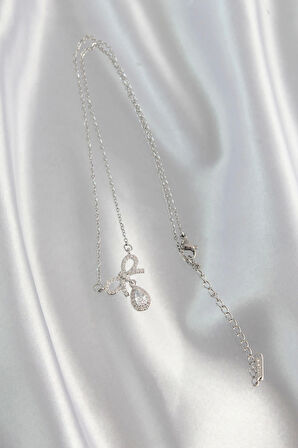 316L Çelik Gümüş Renk Zirkon Taşlı Fiyonk Detay Damla Kolye