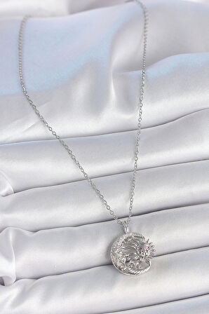 316L Çelik Gümüş Renk Zincir Ay Güneş Model Zirkon Taş Detay Kadın Kolye