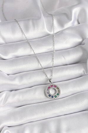 316L Çelik Gümüş Renk Zincir Renkli Zirkon Taşlı Madalyon Model Kadın Kolye